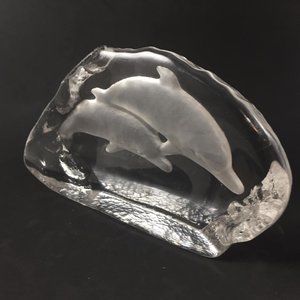 Lead Crystal Pair of Swimming Dolphins Paperweight Sculpture 8 inches long